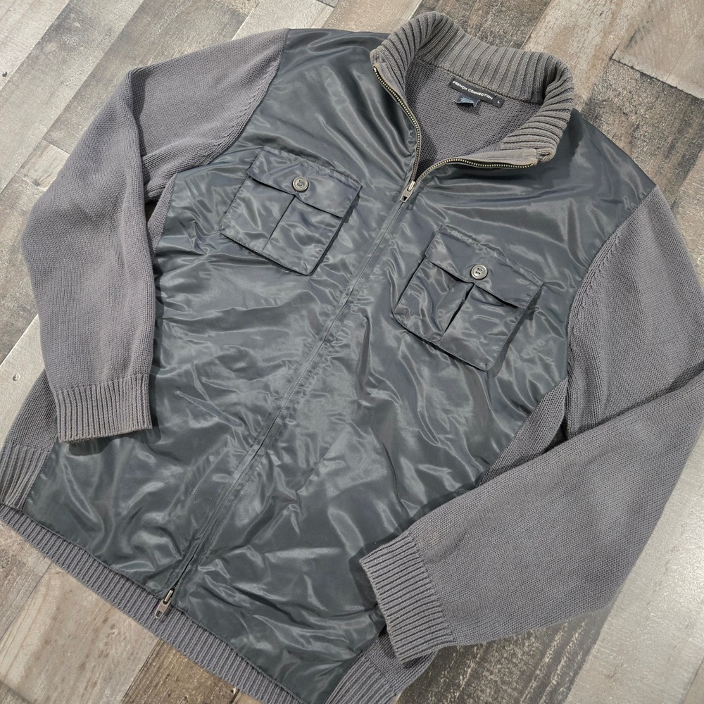 French Connection Men's Hybrid Full Zip Sweater Jacket Nylon Panel Gray Large